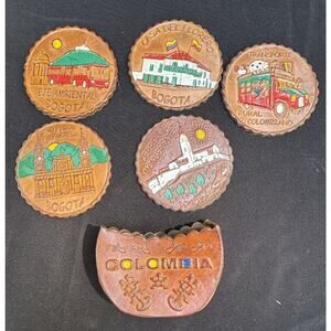 Vintage Columbia Hand Tooled Leather Coaster Set 6 Coasters Holder -A92